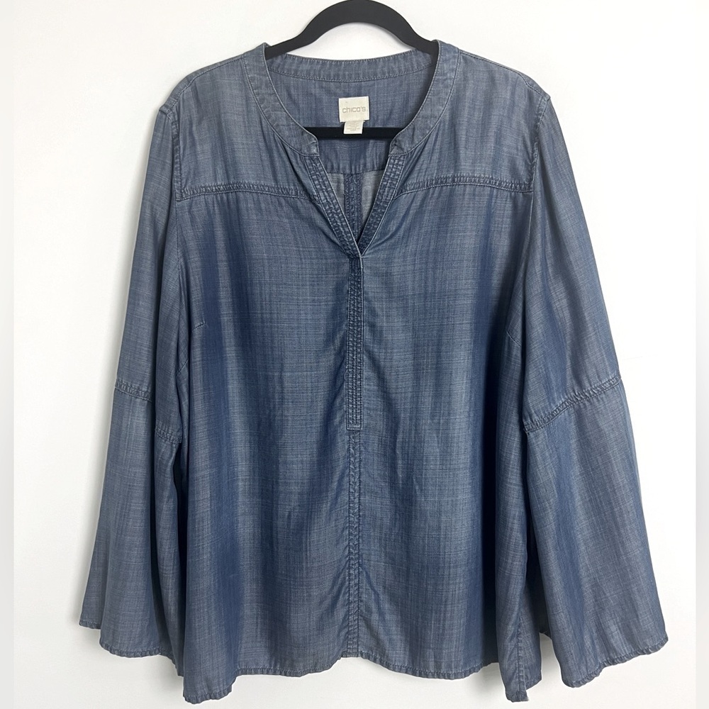Chico's Chambray 100% Lyocell Long Split Cuff Bell Sleeve Tunic Top Size 16 - Picture 1 of 10